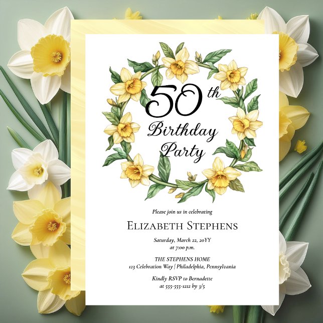Invitation Élégante jonquille jaune Floral 50e anniversaire (Elegant Yellow Daffodils Floral 50th Birthday Party Invitation -- Print | Download)
