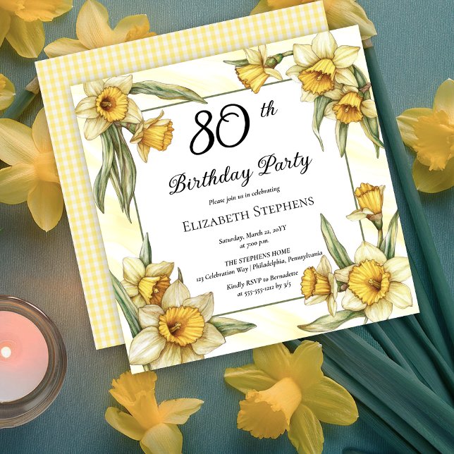 Invitation Élégante jonquille jaune Floral 80e anniversaire (Elegant Yellow Daffodils Floral 80th Birthday Party Invitation -- Print | Download)