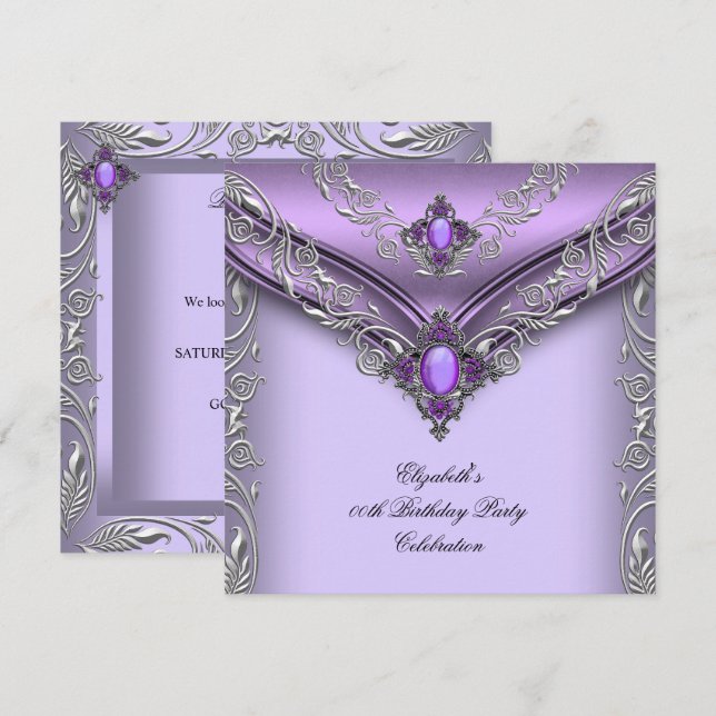 Invitation Élégante Joyau d'argent Lilac violet fête d'annive (Devant / Derrière)