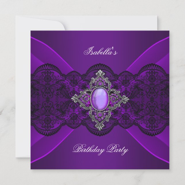 Invitation Elégante Joyau violet dentelle argent fête d'anniv (Devant)