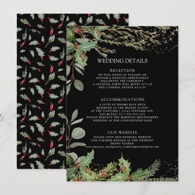 Invitation Élégante lanterne hiver Noir Rouge Holly Détails (Devant / Derrière)