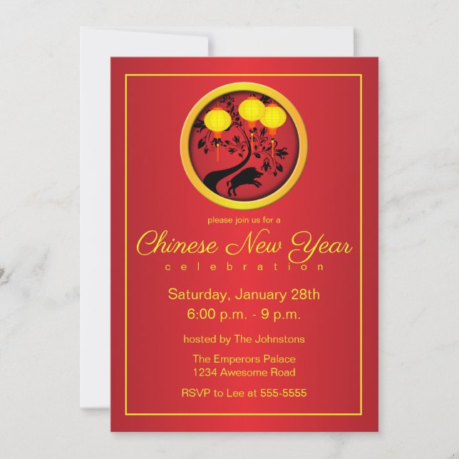 Invitation Élégante lanternes en or de porc chinois de Nouvel (Devant)