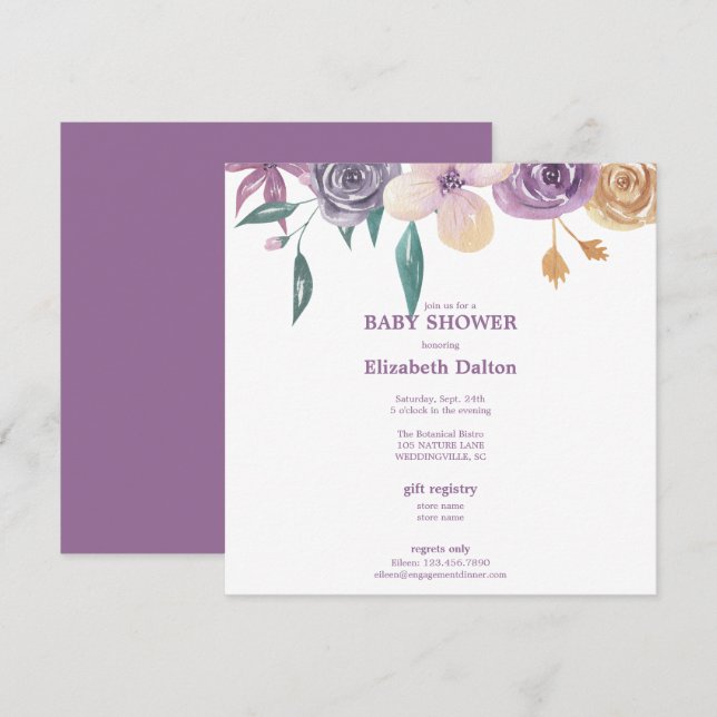 Invitation Élégante Lavande & Baby shower Floral Or (Devant / Derrière)