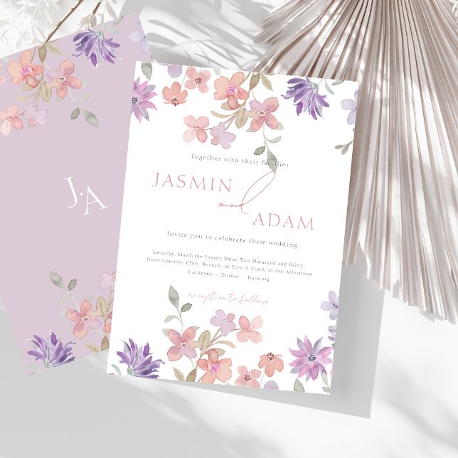Invitation Élégante Lavande et Mariage Fleur sauvage rose (Elegant Lavender & Pink Wildflowers Wedding Invitation)