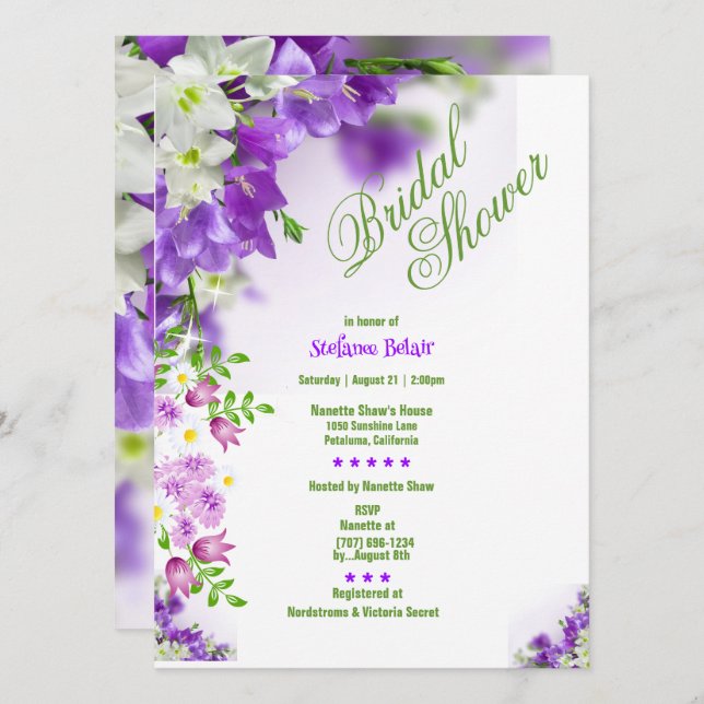 Invitation Elégante Lavande Fleurs de douche nuptiale Invitat (Devant / Derrière)