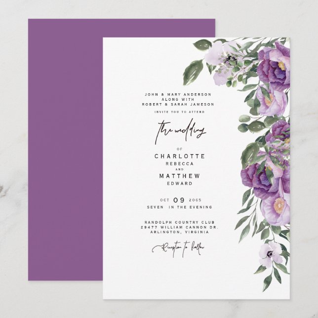 Invitation Élégante Lavande Florale Les deux parents Mariage (Devant / Derrière)