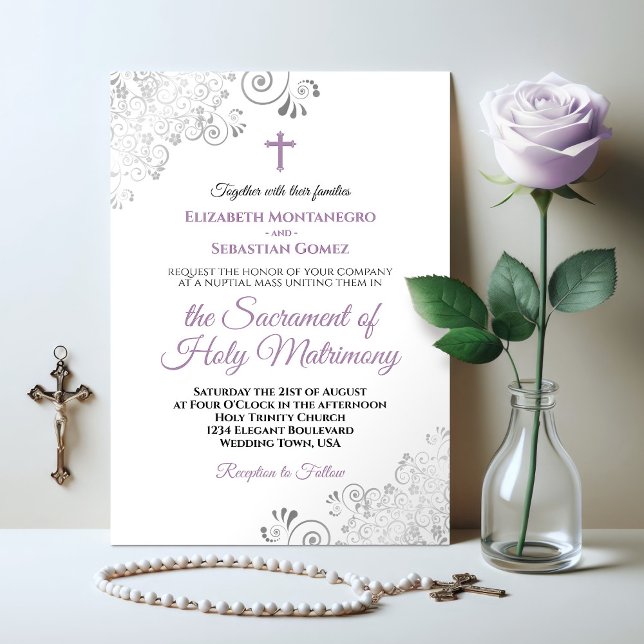 Invitation Élégante Lavande & Gris Mariage catholique moderne (Créateur téléchargé)