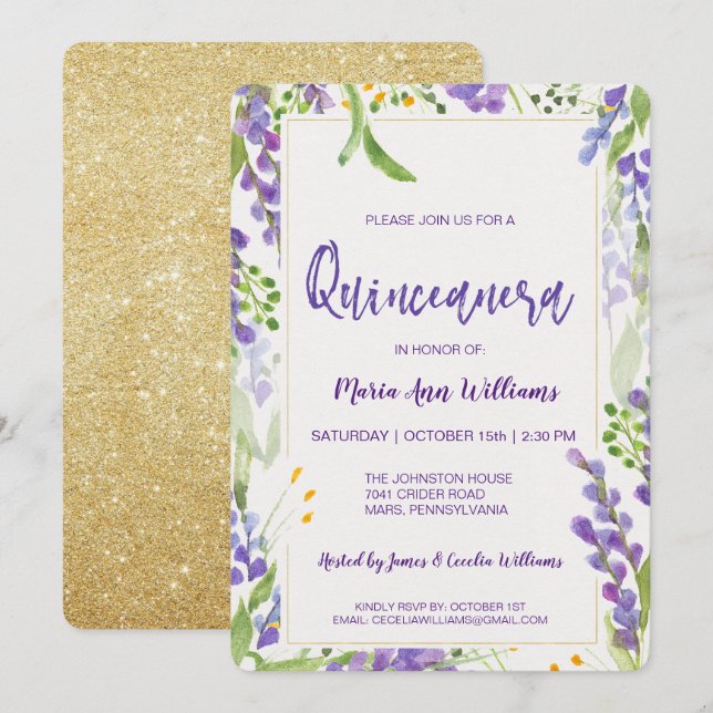 Invitation Elégante Lavande Or Parties scintillant Florale Qu (Devant / Derrière)