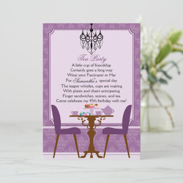 Invitation Élégante Lavande Purple Damask Anniversaire Tea Pa (Debout devant)