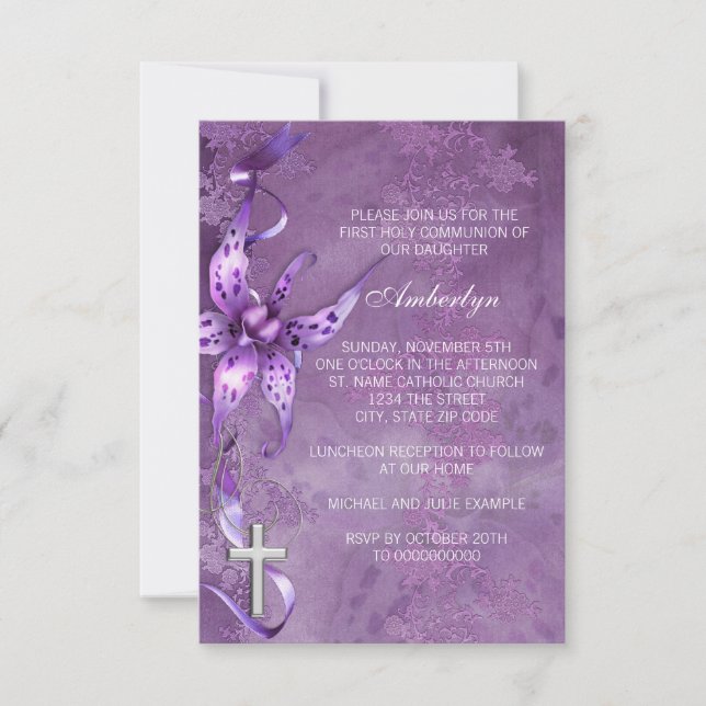 Invitation Élégante Lavande Purple Première Communion Invitat (Devant)