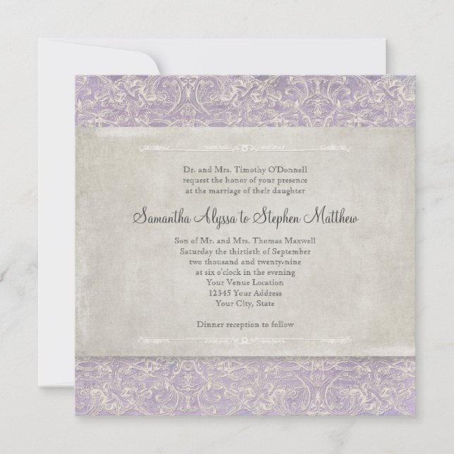 Invitation Elégante Lavande Vintage Lace Aquarelle (Devant)