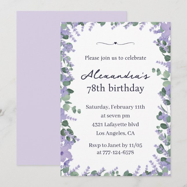 Invitation Elégante Lavande violet cadre floral 78e anniversa (Devant / Derrière)