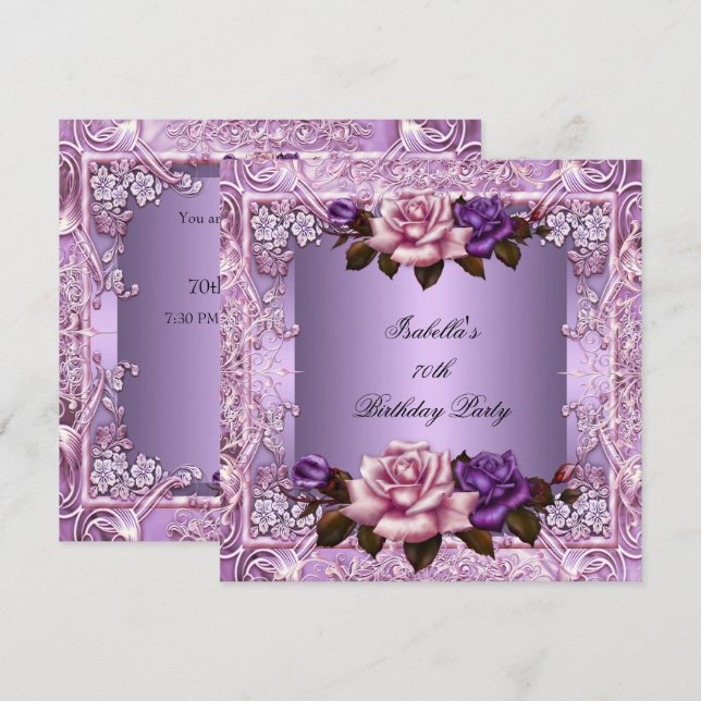 Invitation Élégante Lilac Purple Rose rose 70e fête d'anniver (Devant / Derrière)