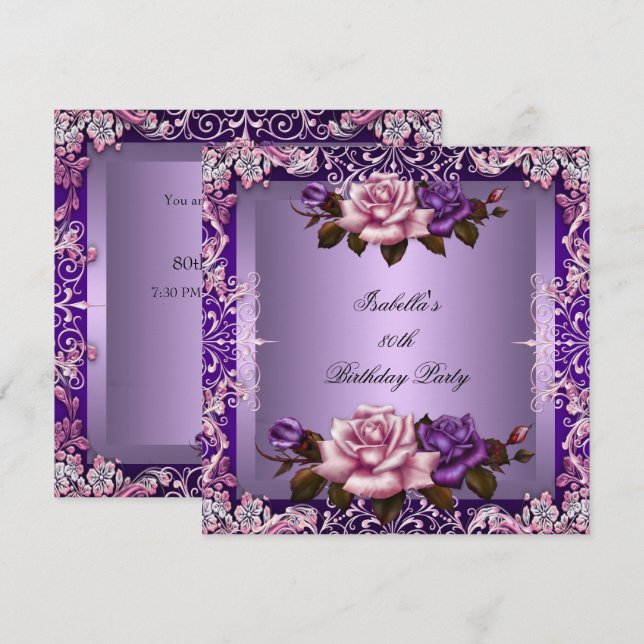 Invitation Élégante Lilac Rose violet 80e fête d'anniversaire (Devant / Derrière)