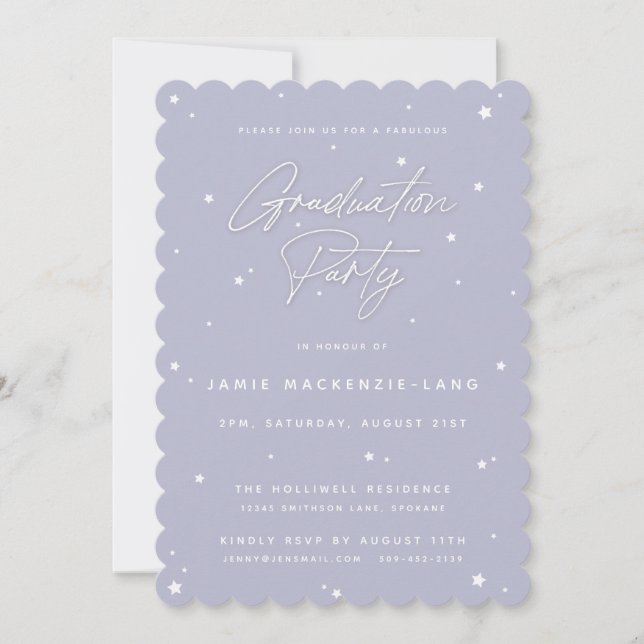 Invitation Élégante Lilac Script et Stars Graduation Party (Devant)