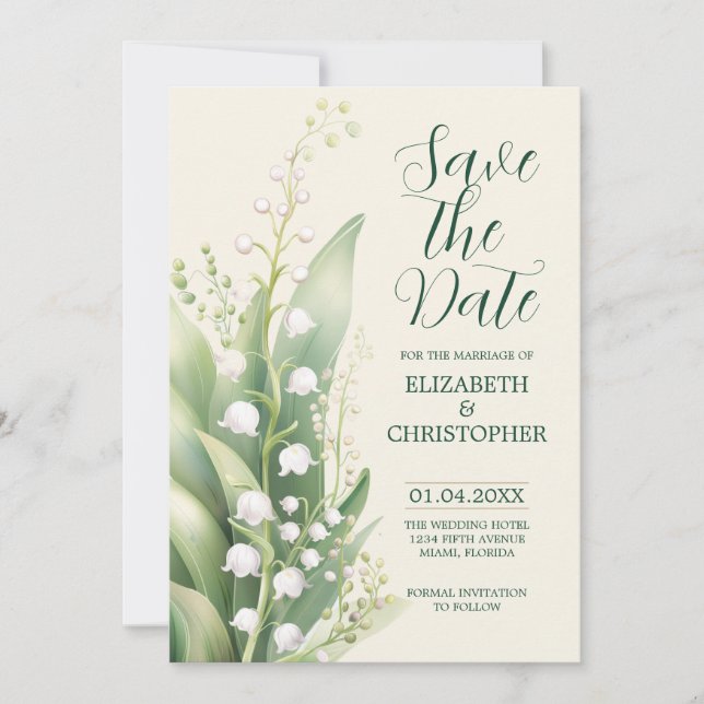 Invitation Élégante Lily de la vallée Mariage Sauver la date (Devant)