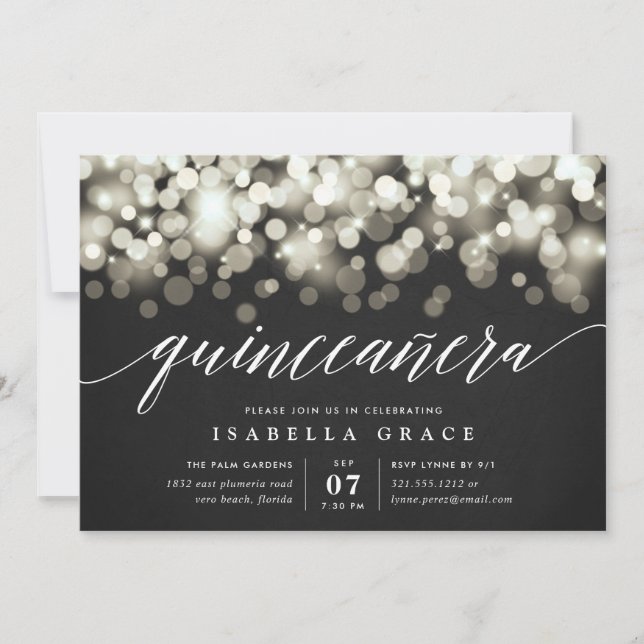 Invitation Elégante lumière noire et or Quinceanera (Devant)