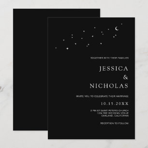 Invitation Élégante Lune et étoiles Mariage noir minimal