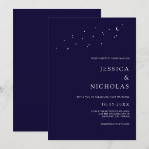 Invitation Élégante Lune & Étoiles Midnight Blue Mariage