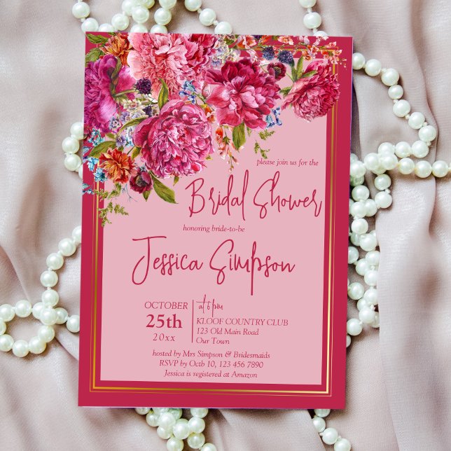 Invitation Elégante magenta bourgogne pivoines douche nuptial (Créateur téléchargé)