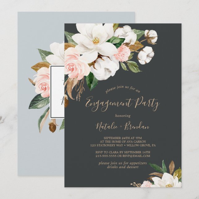 Invitation Élégante Magnolia Black and White Engagement Party (Devant / Derrière)