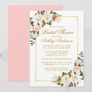 Invitation Elégante Magnolias Rose Fête des mariées rose or