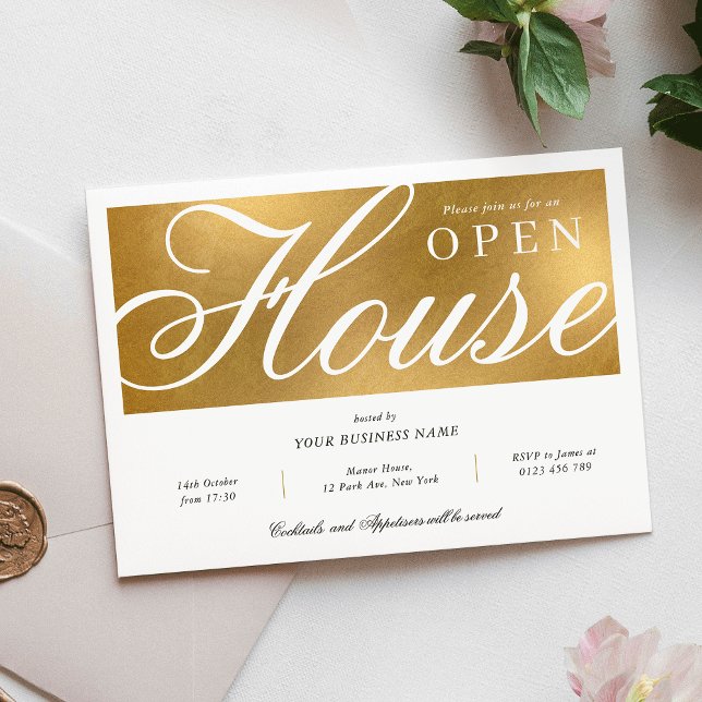 Invitation Elégante Maison Blanche & Or (Elegant White & Gold Corporate Office Open House Invitation)
