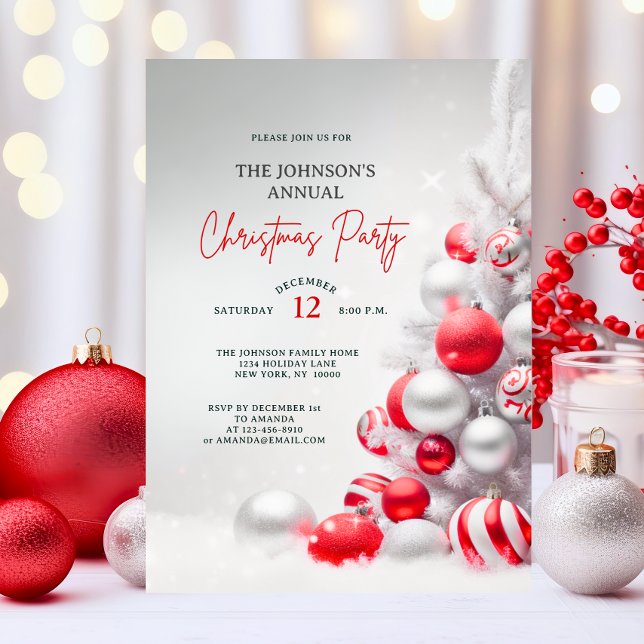 Invitation Élégante Maison de Noël en argent rouge Fête d'ent (Elegant Christmas Wreath House Corporate Party Invitation)