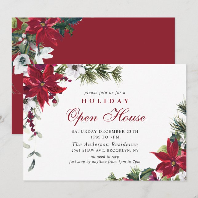 Invitation Elégante Maison ouverte de Noël Poinsettia (Devant / Derrière)