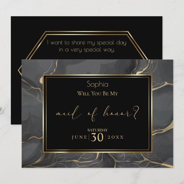 Invitation Élégante Marbre noir et or Maid of Honor (Devant / Derrière)