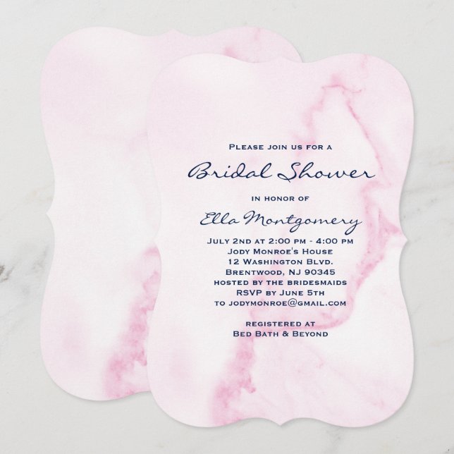 Invitation Élégante Marbre Rose Bridal (Devant / Derrière)