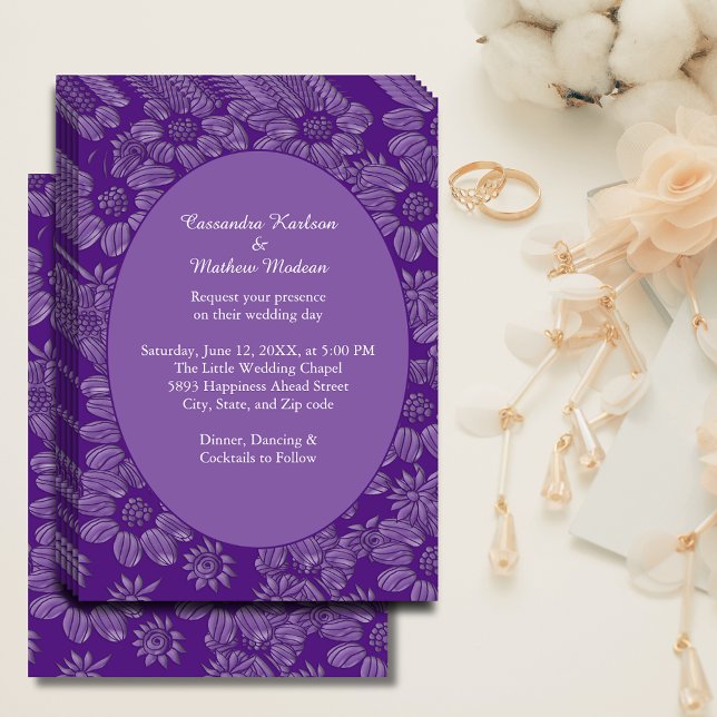 Invitation Élégante marguerite romantique Floral violet Maria (Elegant Romantic Daisies Floral Purple Wedding Invitation)