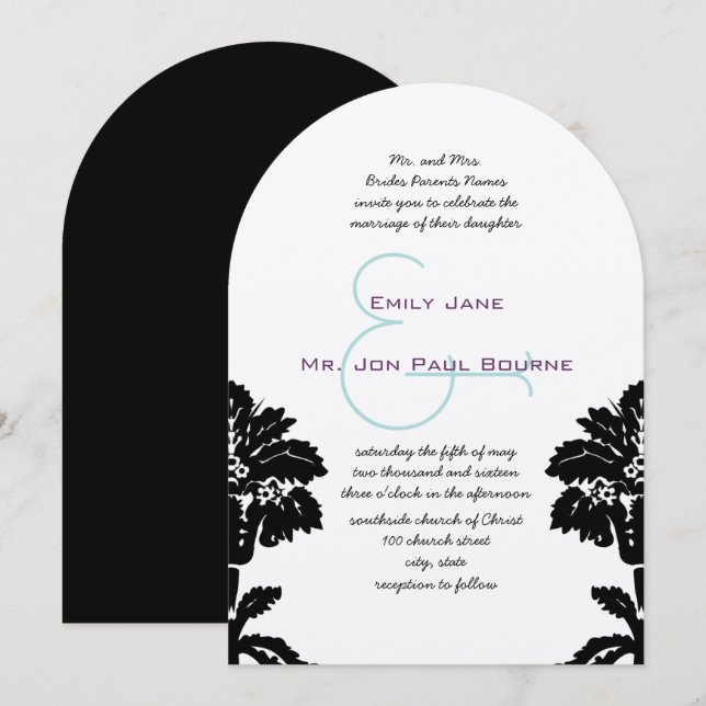 Invitation Elégante Mariage damassé noire victorienne (Devant / Derrière)