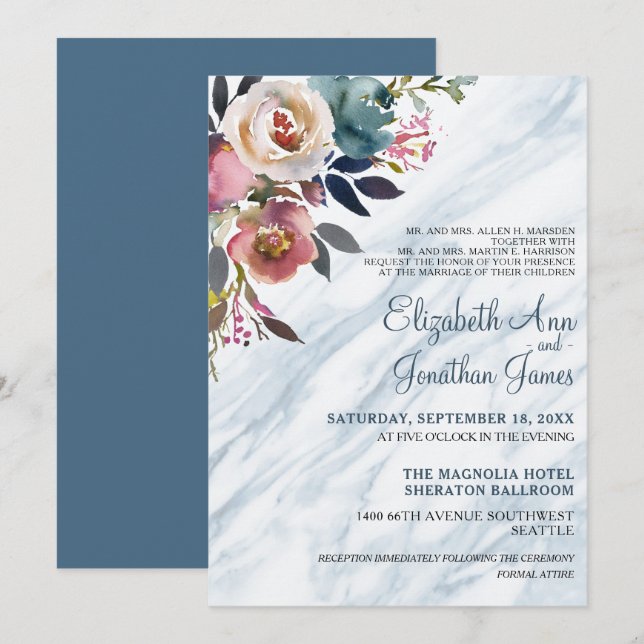Invitation Elégante Mariage en marbre bleu bordeaux floral Du (Devant / Derrière)