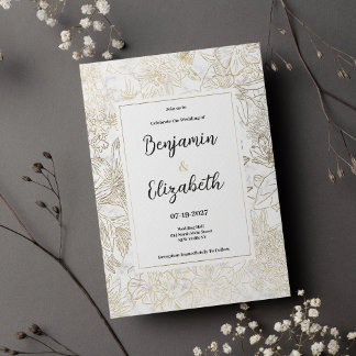 Invitation Elégante Mariage fleurie en marbre gris or blanc