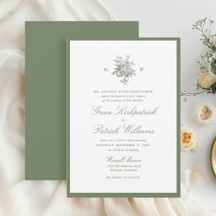 Invitation Élégante Mariage Monogramme Bordure Vert Sauge