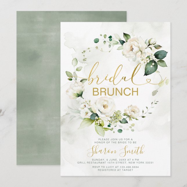 Invitation Elégante mariée or Brunch Douche blanc floral (Devant / Derrière)