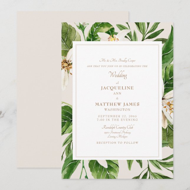 Invitation Élégante mariée verte Parents Crème & Or (Devant / Derrière)