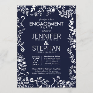 Invitation Élégante Marine Bleu Blanc Floral