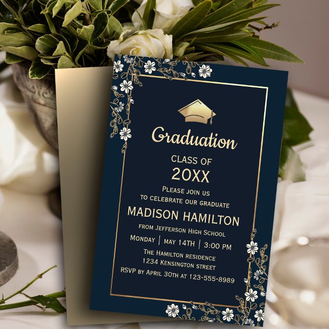Invitation Élégante Marine Bleu et Gold Graduation Party (Elegant Navy Blue and Gold Graduation Party Invitation #graduationparty #graduate #navyandgold)