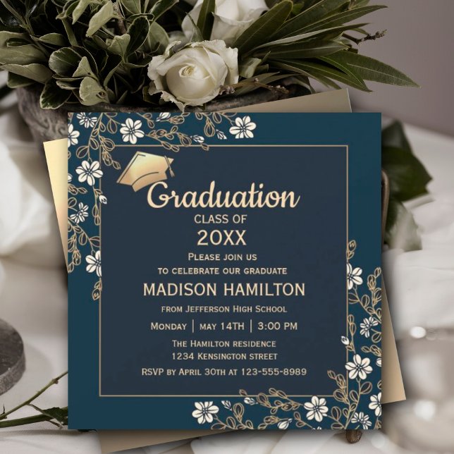 Invitation Élégante Marine Bleu et Gold Graduation Party (Elegant Navy Blue and Gold Graduation Party Invitation, Gold Frame Luxury Graduation,  #navygold)