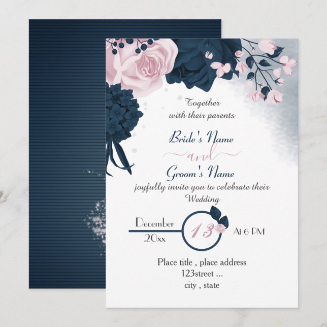 Invitation élégante marine bleu & rose fleurs mariage invitat (Devant / Derrière)