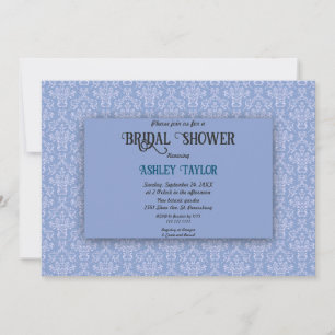 Invitation Elégante Marine Blue Damask Script Fête des mariée