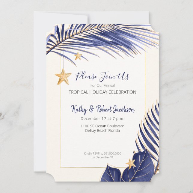 Invitation Elégante Marine Blue et Gold Tropical Holiday Part (Devant)