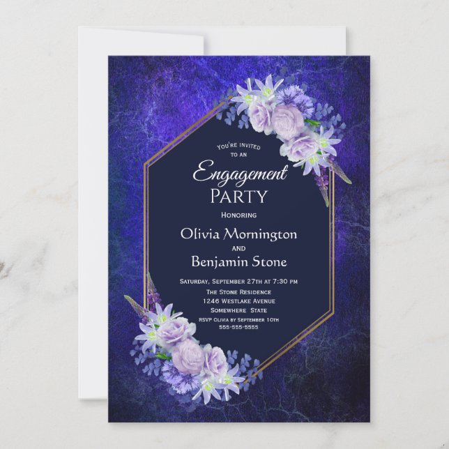 Invitation Élégante Marine Blue Floral Engagement Party (Devant)
