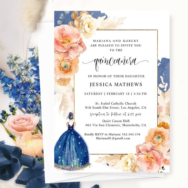 Invitation Elégante Marine Blue Floral Princesse Quinceañera (Créateur téléchargé)