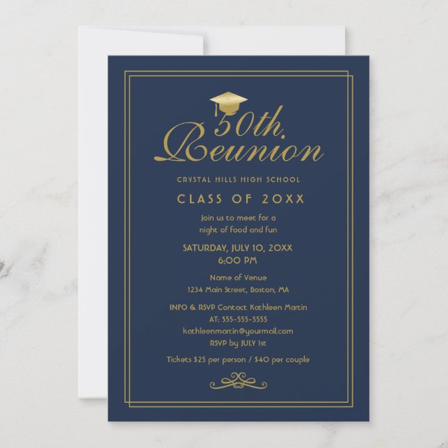 Invitation Elégante Marine Blue Gold 50e Classe Réunion (Devant)