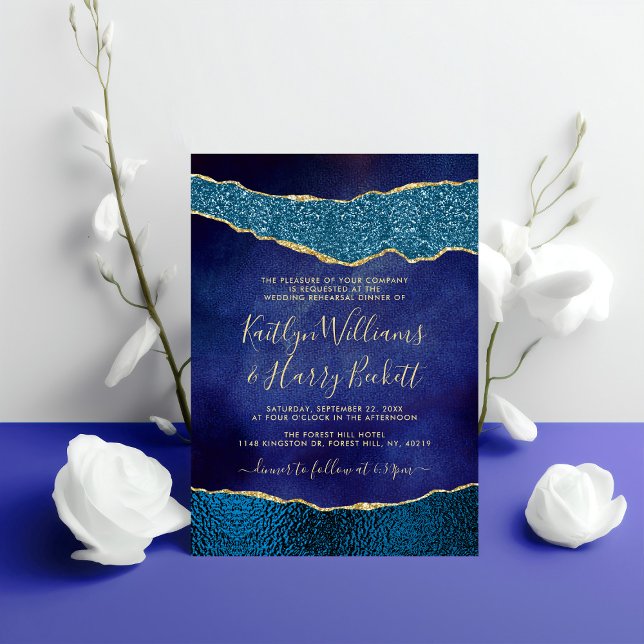 Invitation Élégante Marine Blue & Gold Agate Mariage Rehearsa (Créateur téléchargé)