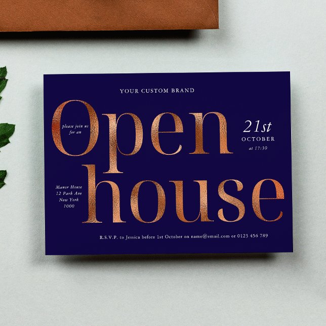 Invitation Elégante Marine & Bronze Gold Business Open House (Elegant Navy & Bronze Gold Business Open House Invitation)