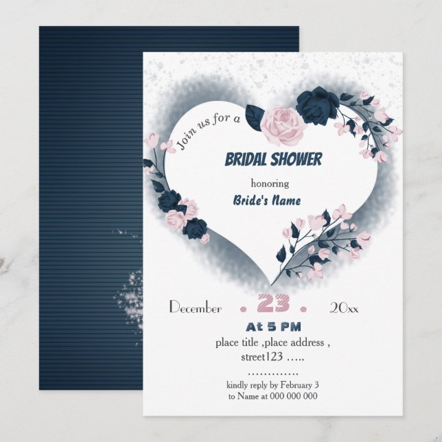 Invitation élégante marine & coeur floral rose douche nuptial (Devant / Derrière)